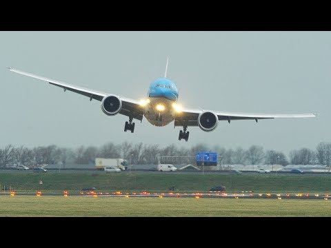 STORM CIARA - CROSSWIND LANDINGS at AMSTERDAM - BOEING 747, Airbus A380, + B777 HARD LANDING (4K)